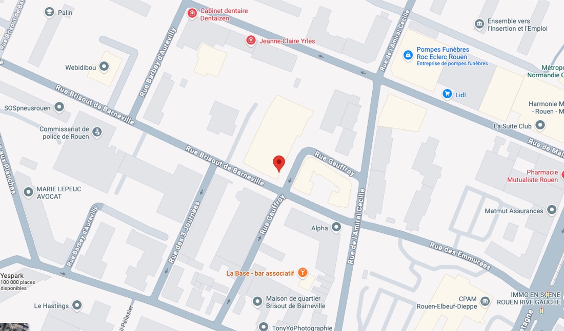 Carte du quartier avec le point exact de la salle, au 6 rue Geuffroy à Rouen